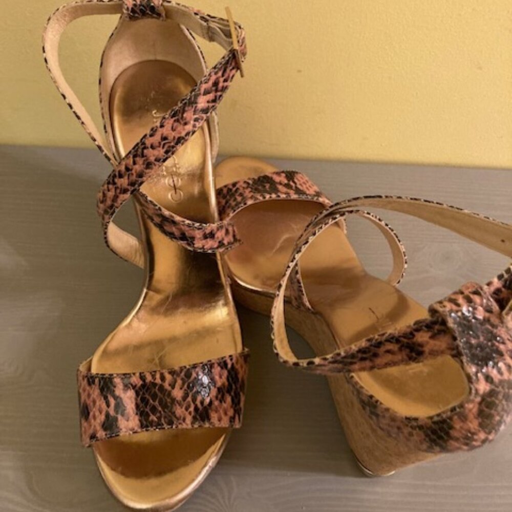 Jimmy Choo pink watersnake crisscross strap platform wedge sandals, size 41